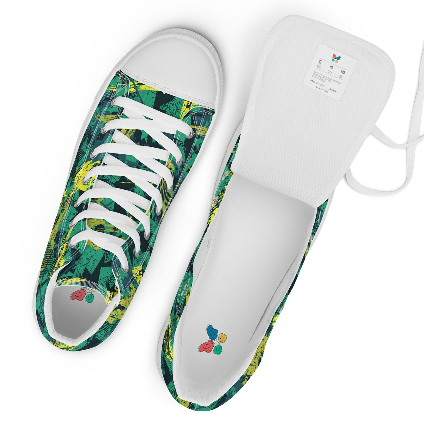 White green yellow jersey pattern Men’s high top canvas shoes