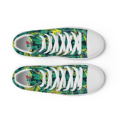 White green yellow jersey pattern Men’s high top canvas shoes