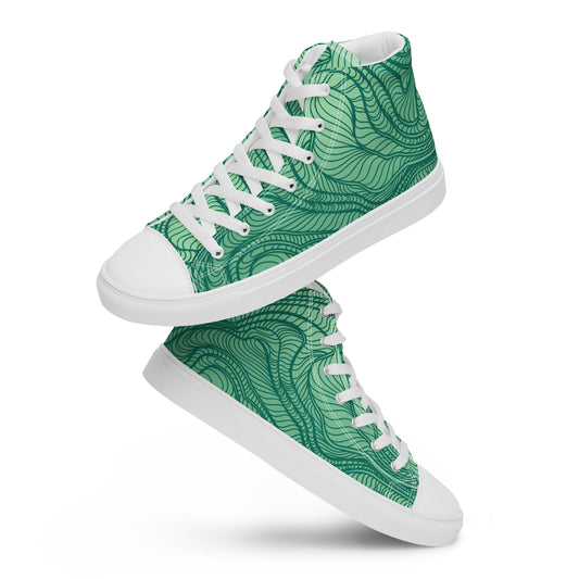 White waves pattern Men’s high top canvas shoes