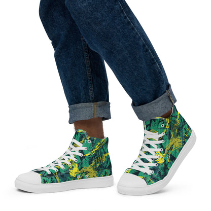 White green yellow jersey pattern Men’s high top canvas shoes