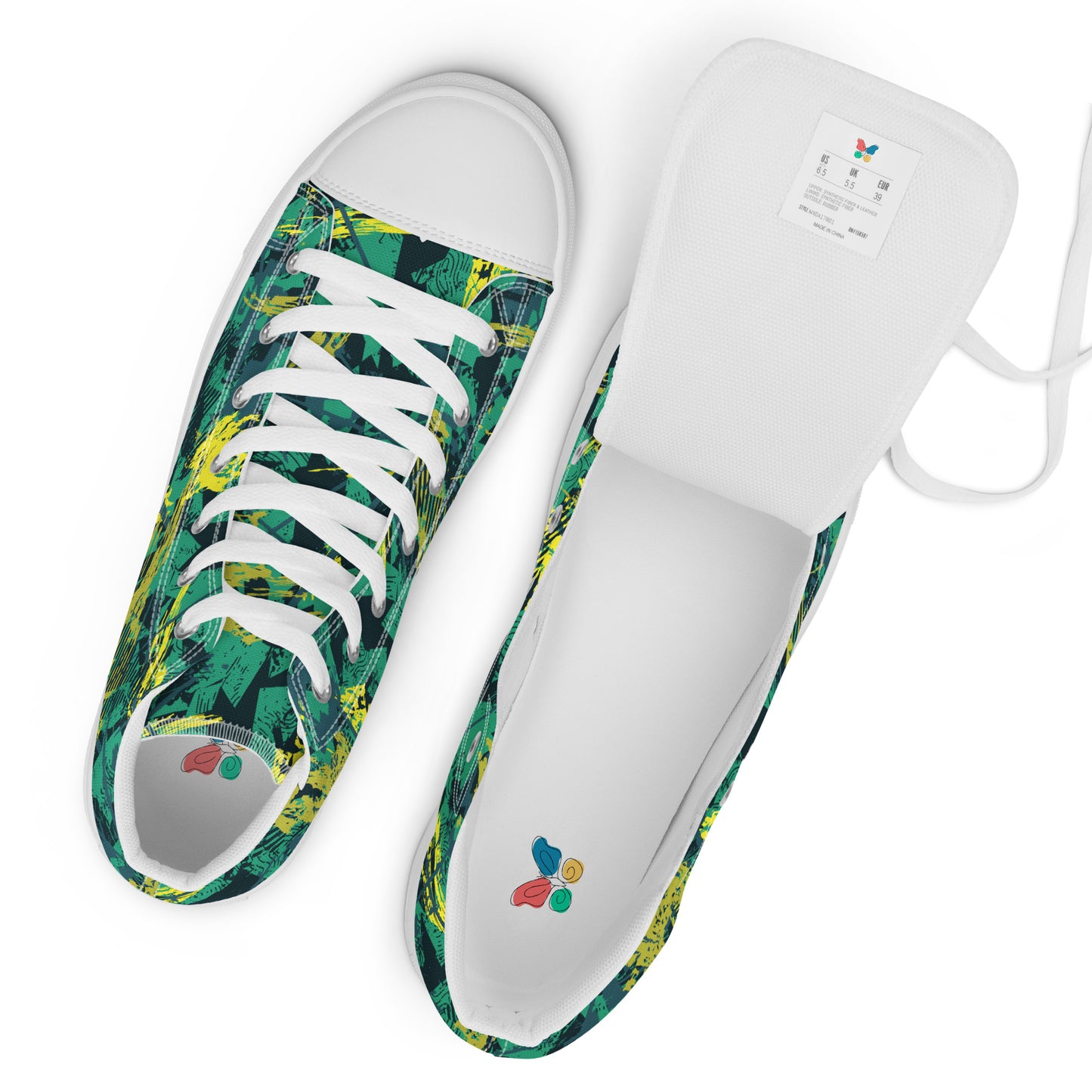 White green yellow jersey pattern Women’s high top canvas shoes